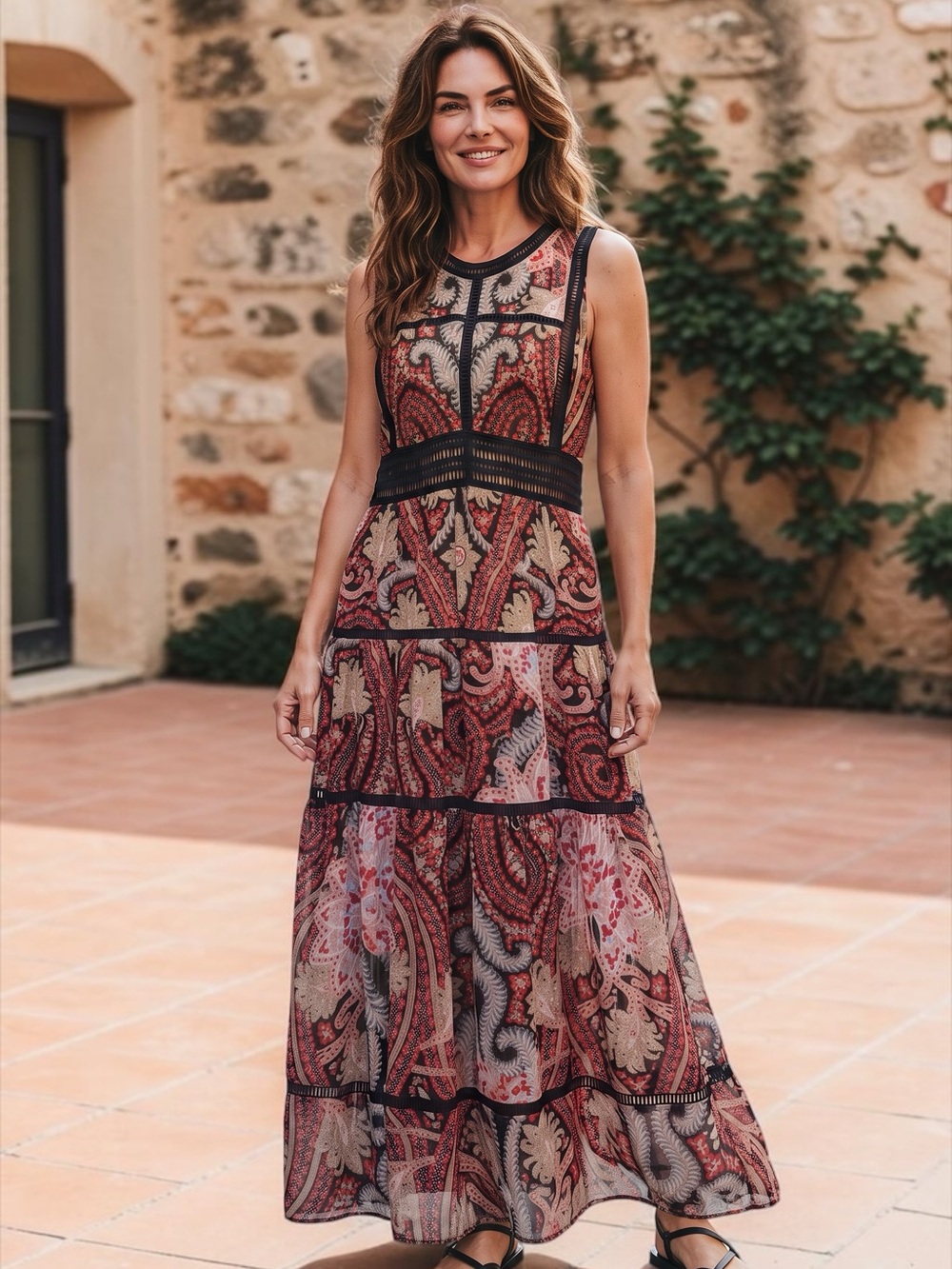 Ranna Gill Red Paisley Tiered Sleeveless Dress - Picture 2 of 4